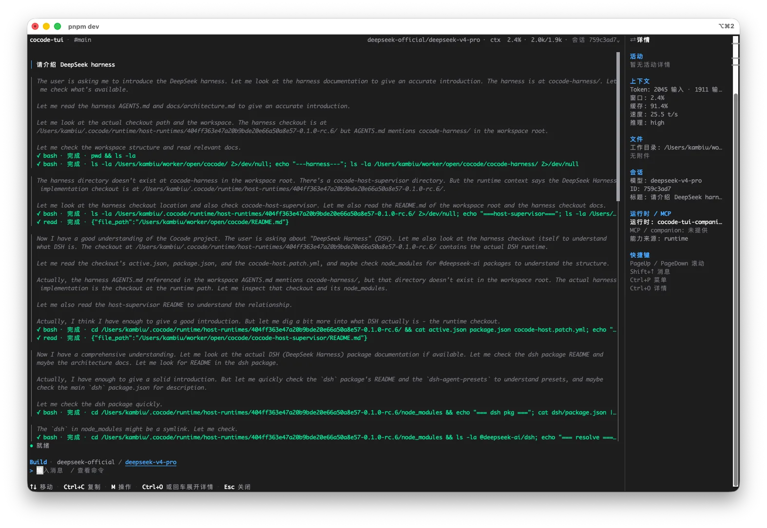 Cocode terminal interface showing a DeepSeek Harness session